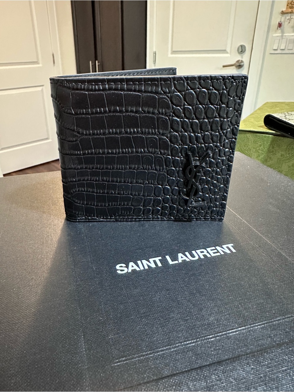 Saint Laurent Black Croc-Embossed Leather Bi-Fold Wallet with YSL Logo
